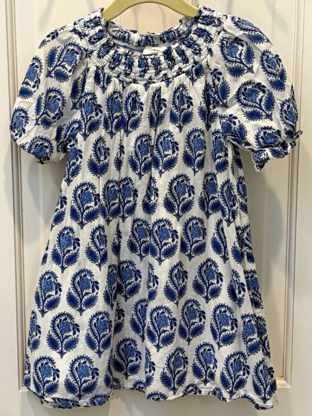 Crewcuts Girls Size 4 Blue White Smocked Lined Puff Sleeve 100% Cotton Dress